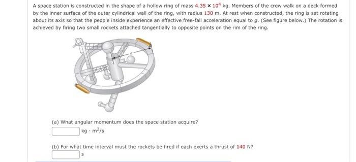 A Space Station Is Constructed In The Shape Of A Hollow Ring Of Mass 4 35 X 104 Kg Members Of The Crew Walk On A Deck F 1