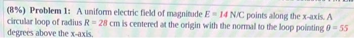 8 Problem 1 A Uniform Electric Field Of Magnitude E 14 N C Points Along The X Axis A Circular Loop Of Radius R 2 1