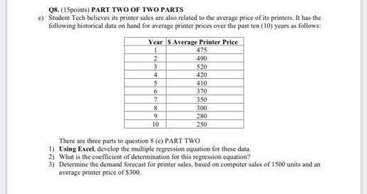 08 15points Part Two Of Two Parts E Student Tech Believes Its Printer Sales Are Also Related To The Average Price Of 1