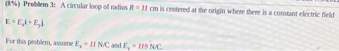 8 Problem 3 A Circular Loop Of Radius R 11 Cm Is Centered At The Origin Where There Is A Constant Electric Field E 1