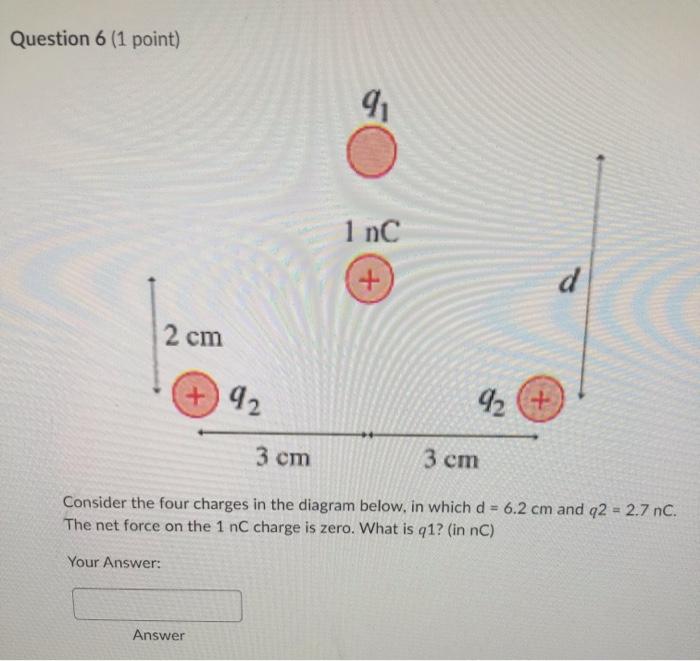 Question 6 1 Point 2 Cm 92 Answer 1 Nc 92 D 3 Cm 3 Cm Consider The Four Charges In The Diagram Below In Which D 1
