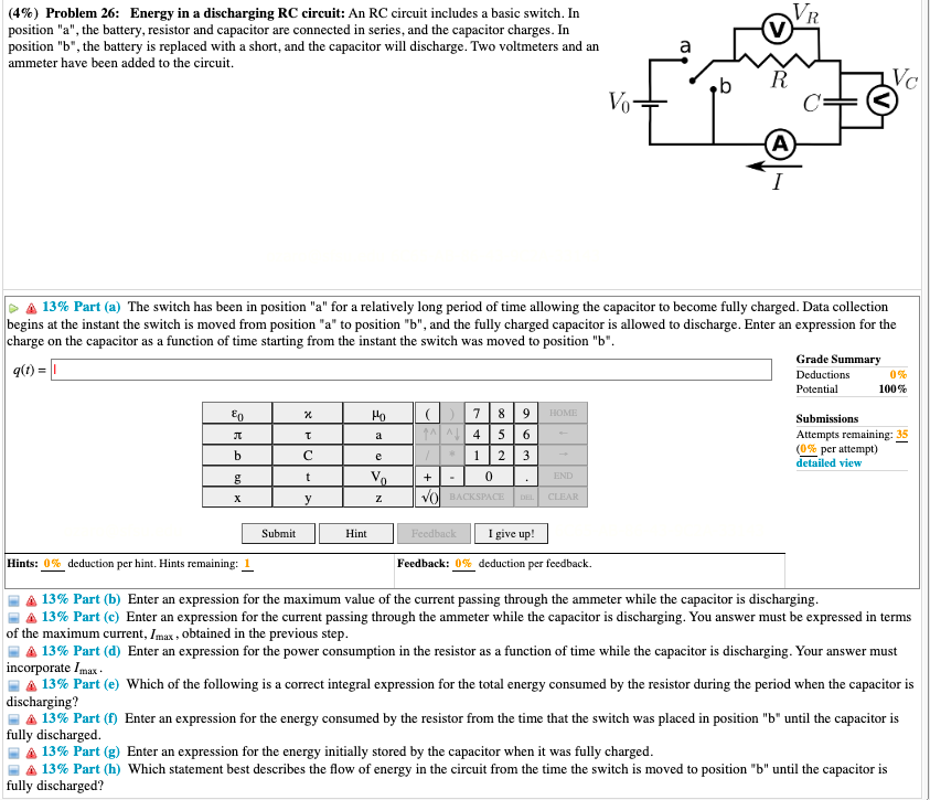 4 Problem 26 Energy In A Discharging Rc Circuit An Rc Circuit Includes A Basic Switch In Position A The Battery 1
