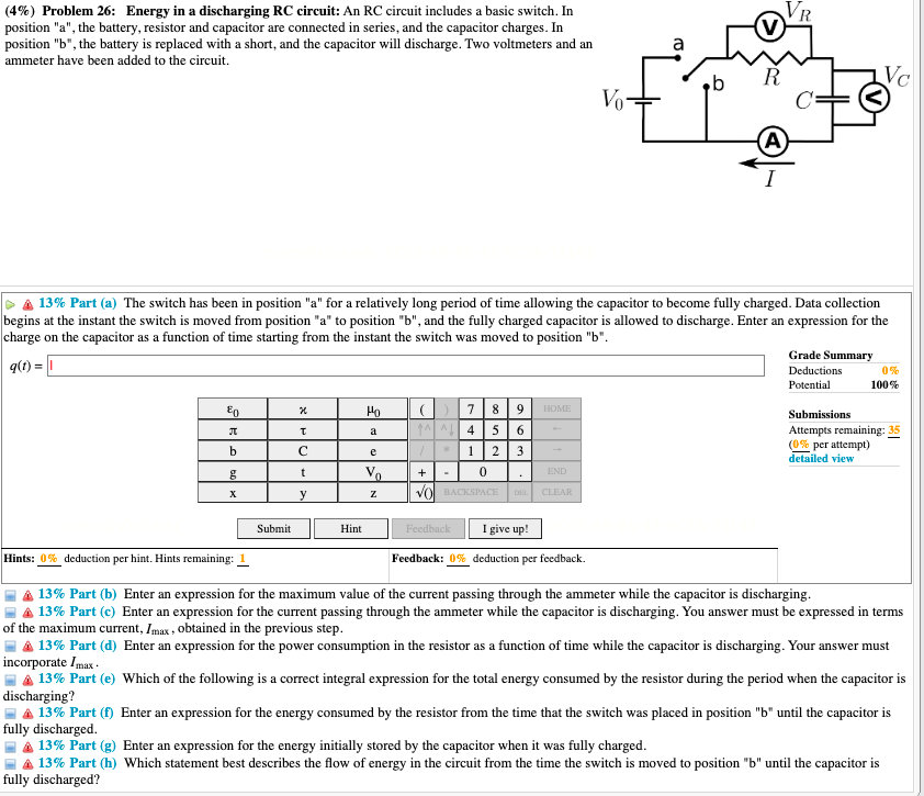 4 Problem 26 Energy In A Discharging Rc Circuit An Rc Circuit Includes A Basic Switch In Position A The Battery 1