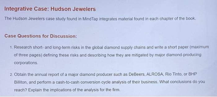 Integrative Case Hudson Jewelers The Hudson Jewelers Case Study Found In Mindtap Integrates Material Found In Each Chap 1