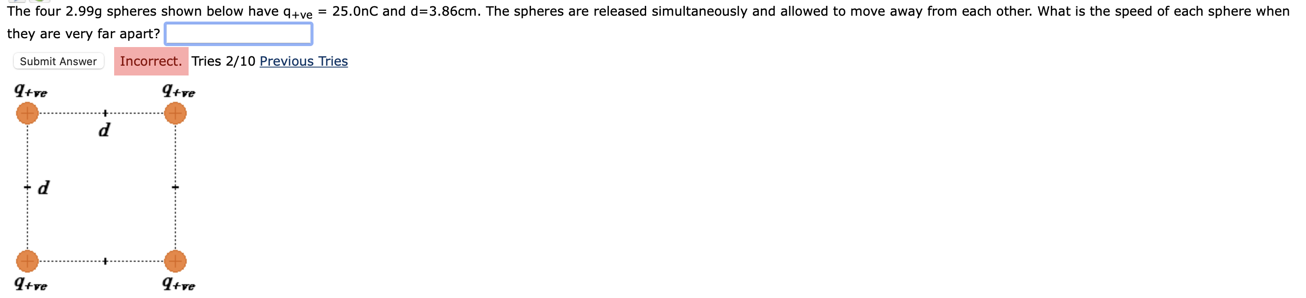 The Four 2 99g Spheres Shown Below Have Q Ve They Are Very Far Apart Submit Answer Q Ve D Q Ve D Q Ve Incorrect Trie 1