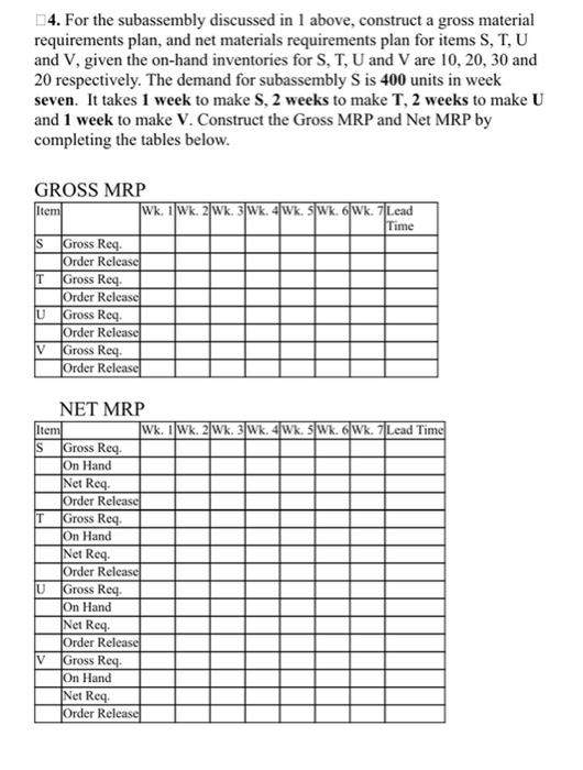 14 For The Subassembly Discussed In 1 Above Construct A Gross Material Requirements Plan And Net Materials Requiremen 1