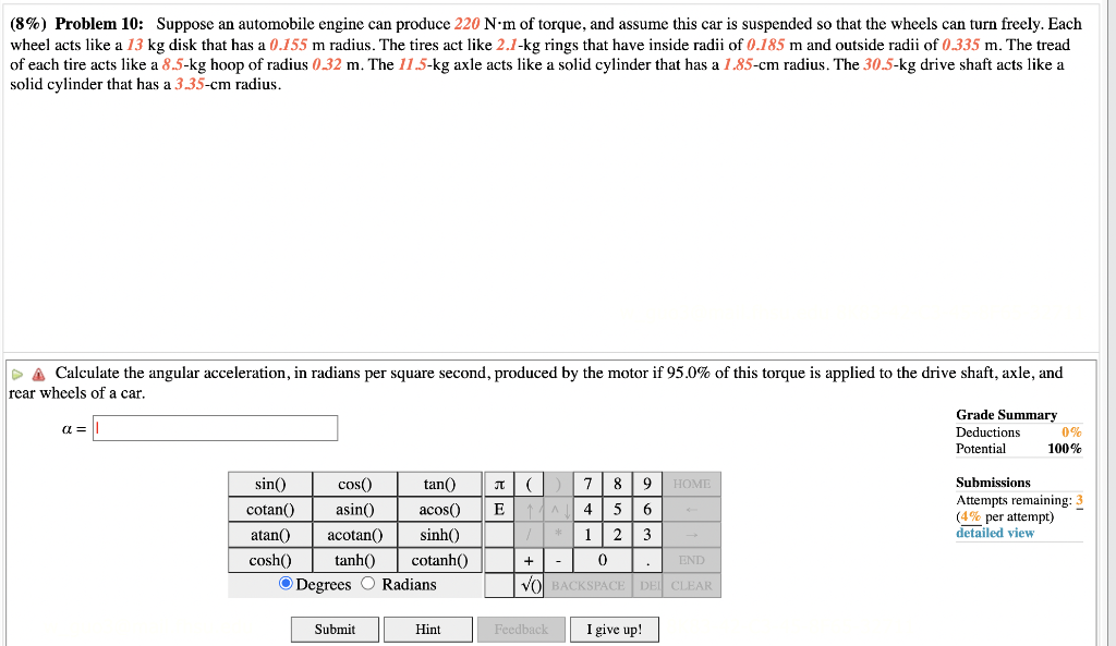 8 Problem 10 Suppose An Automobile Engine Can Produce 220 N M Of Torque And Assume This Car Is Suspended So That Th 1