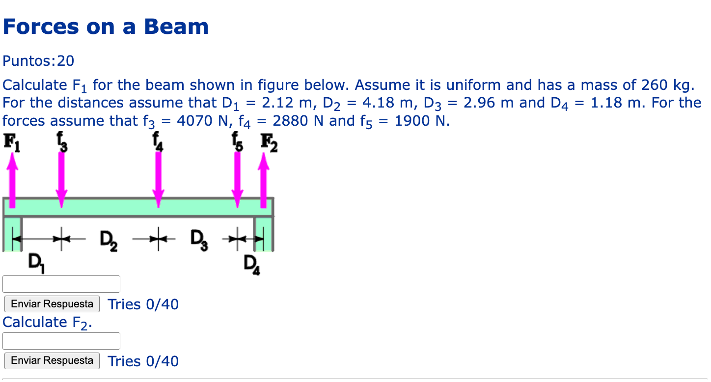 Forces On A Beam Puntos 20 Calculate F For The Beam Shown In Figure Below Assume It Is Uniform And Has A Mass Of 260 1
