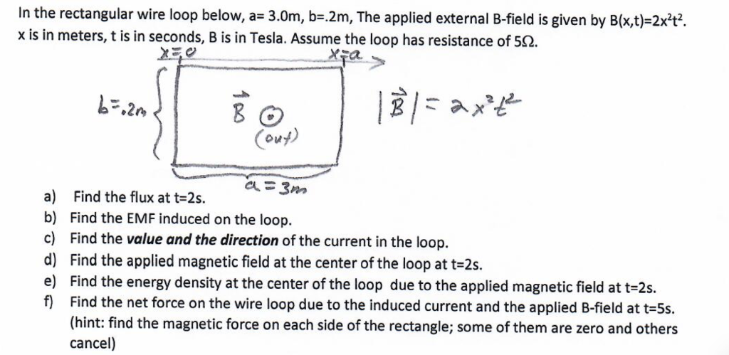 In The Rectangular Wire Loop Below A 3 0m B 2m The Applied External B Field Is Given By B X T 2x T X Is In Meter 1