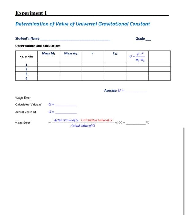 Experiment 1 Determination Of Value Of Universal Gravitational Constant Student S Name Observations And Calculations Mas 1