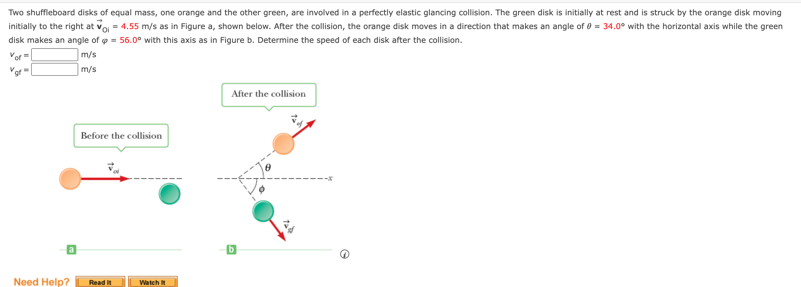 Two Shuffleboard Disks Of Equal Mass One Orange And The Other Green Are Involved In A Perfectly Elastic Glancing Colli 1