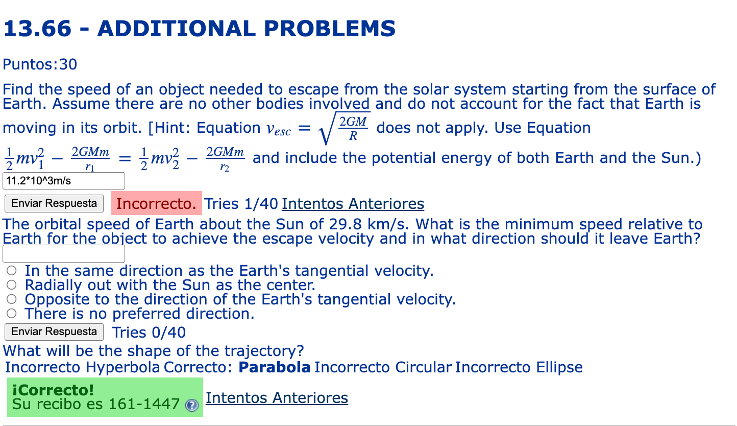 13 66 Additional Problems Puntos 30 Find The Speed Of An Object Needed To Escape From The Solar System Starting From T 1