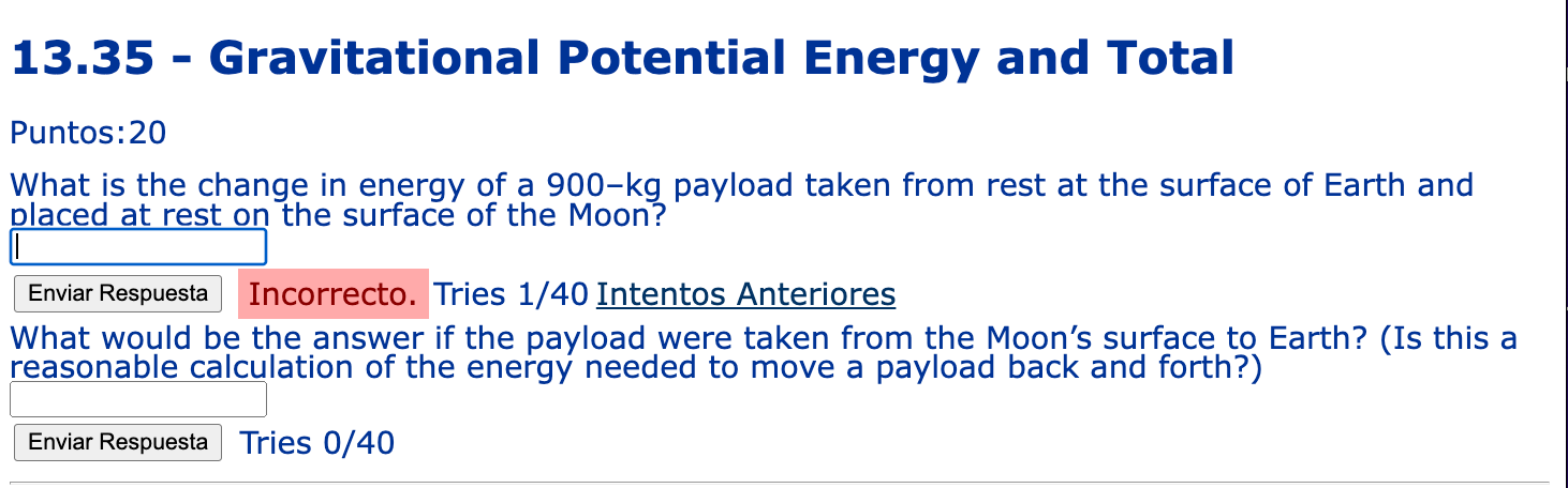 13 35 Gravitational Potential Energy And Total Puntos 20 What Is The Change In Energy Of A 900 Kg Payload Taken From 1