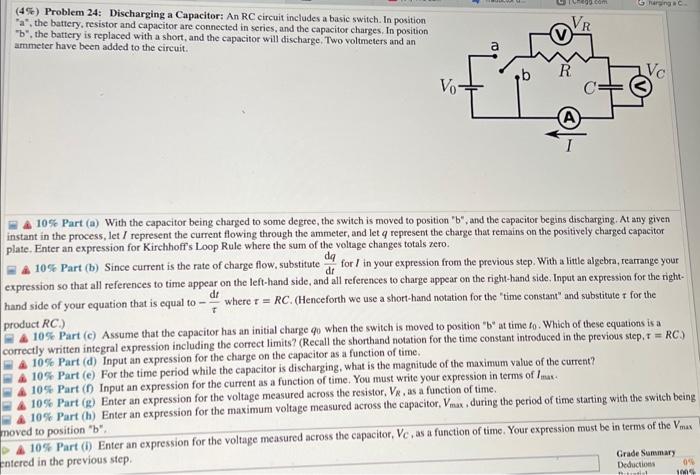 4 Problem 24 Discharging A Capacitor An Rc Circuit Includes A Basic Switch In Position A The Battery Resistor 1