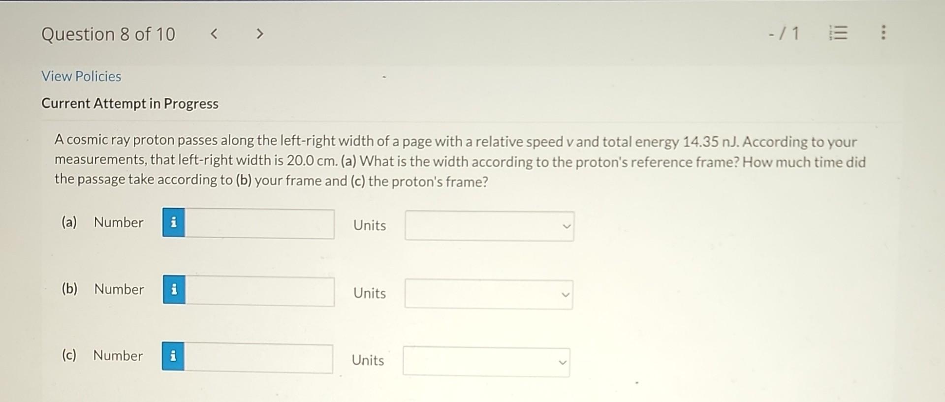 Question 8 Of 10 View Policies Current Attempt In Progress A Cosmic Ray Proton Passes Along The Left Right Width Of 1