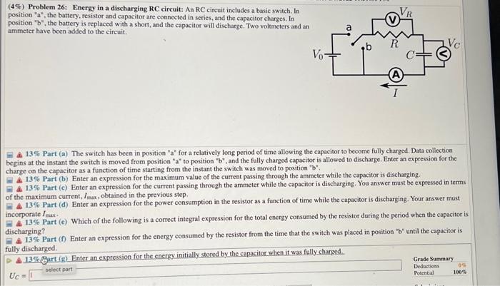 4 Problem 26 Energy In A Discharging Rc Circuit An Rc Circuit Includes A Basic Switch In Position A The Battery 1