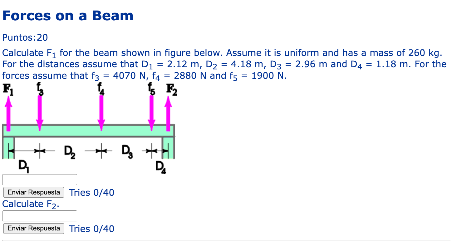 Forces On A Beam Puntos 20 Calculate F For The Beam Shown In Figure Below Assume It Is Uniform And Has A Mass Of 260 1