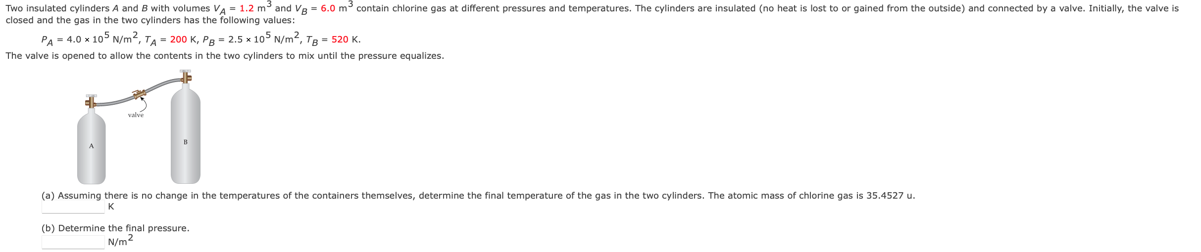 Two Insulated Cylinders A And B With Volumes Va 1 2 M And Vb 6 0 M Contain Chlorine Gas At Different Pressures And 1
