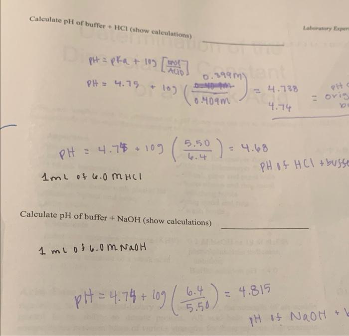 Calculate Ph Of Buffer Hcl Show Calculations Diph Pka 105 0 Ph 4 75 10 Ph 4 74 109 1ml Of Le 0 Mhci 0 1