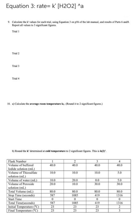 Equation 3 Rate K H202 A 9 Calculate The Values For Each Trial Using Equation 3 On P56 Of The Lab Manual And Re 1