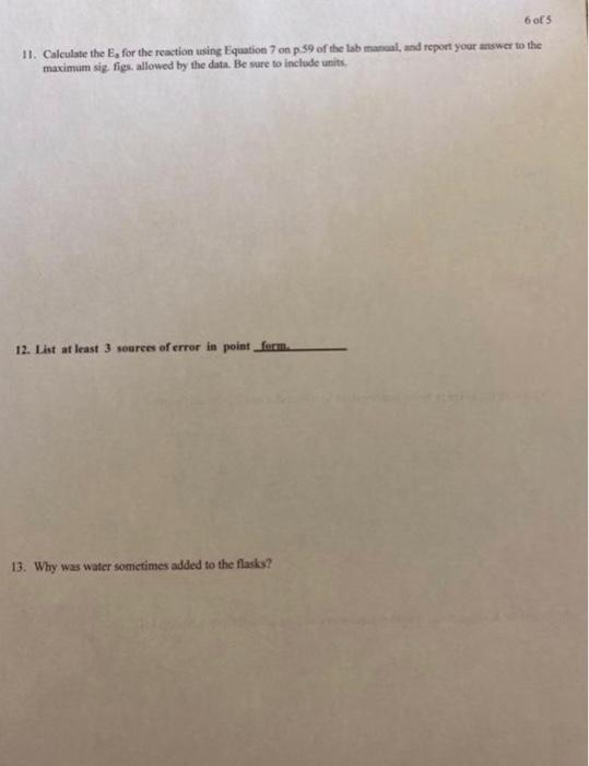 6 Of 5 11 Calculate The E For The Reaction Using Equation 7 On P 59 Of The Lab Manual And Report Your Answer To The M 1