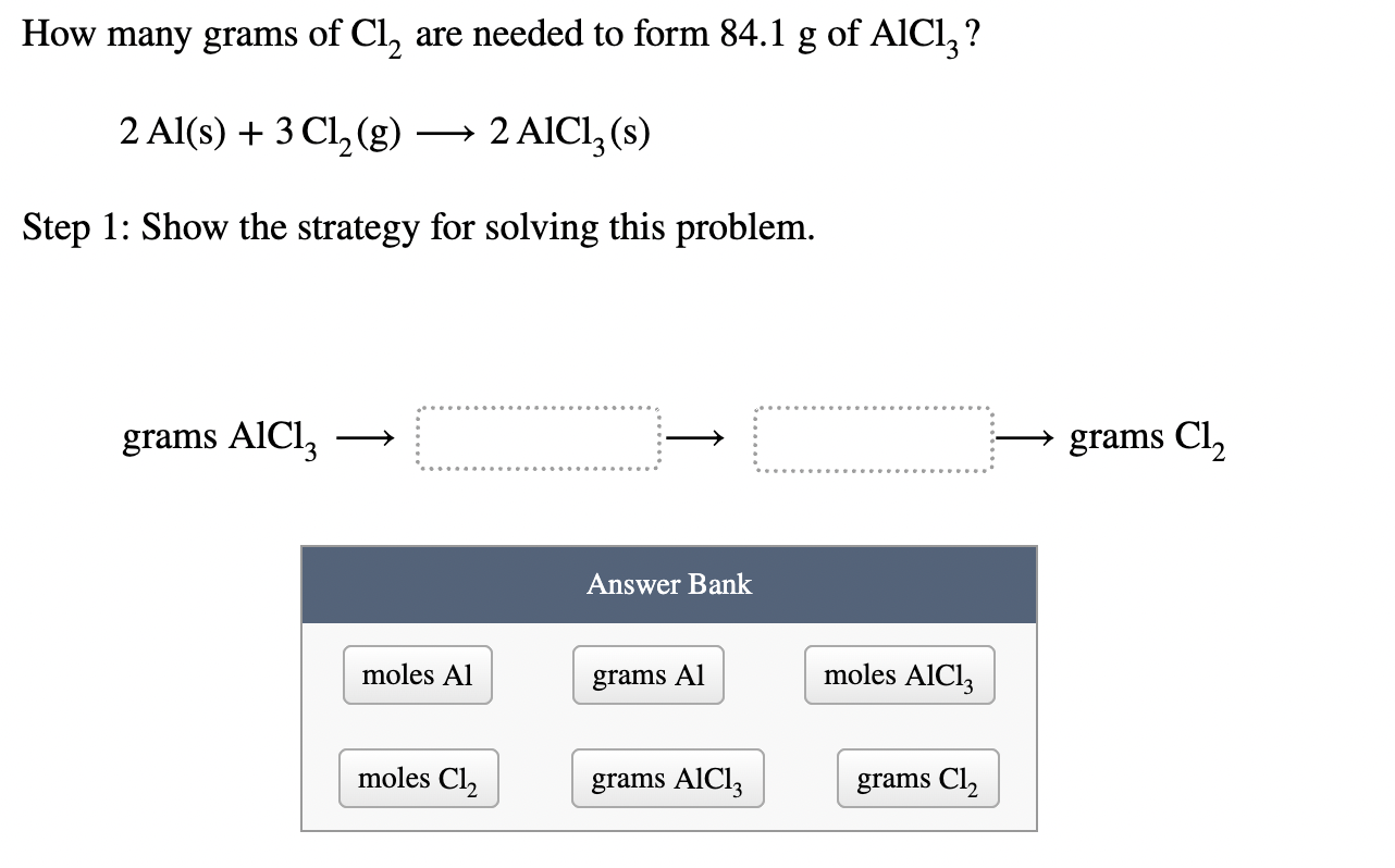 How Many Grams Of Cl Are Needed To Form 84 1 G Of Alcl3 2 Al S 3 Cl G 2 Alcl3 S Step 1 Show The Strategy Fo 1