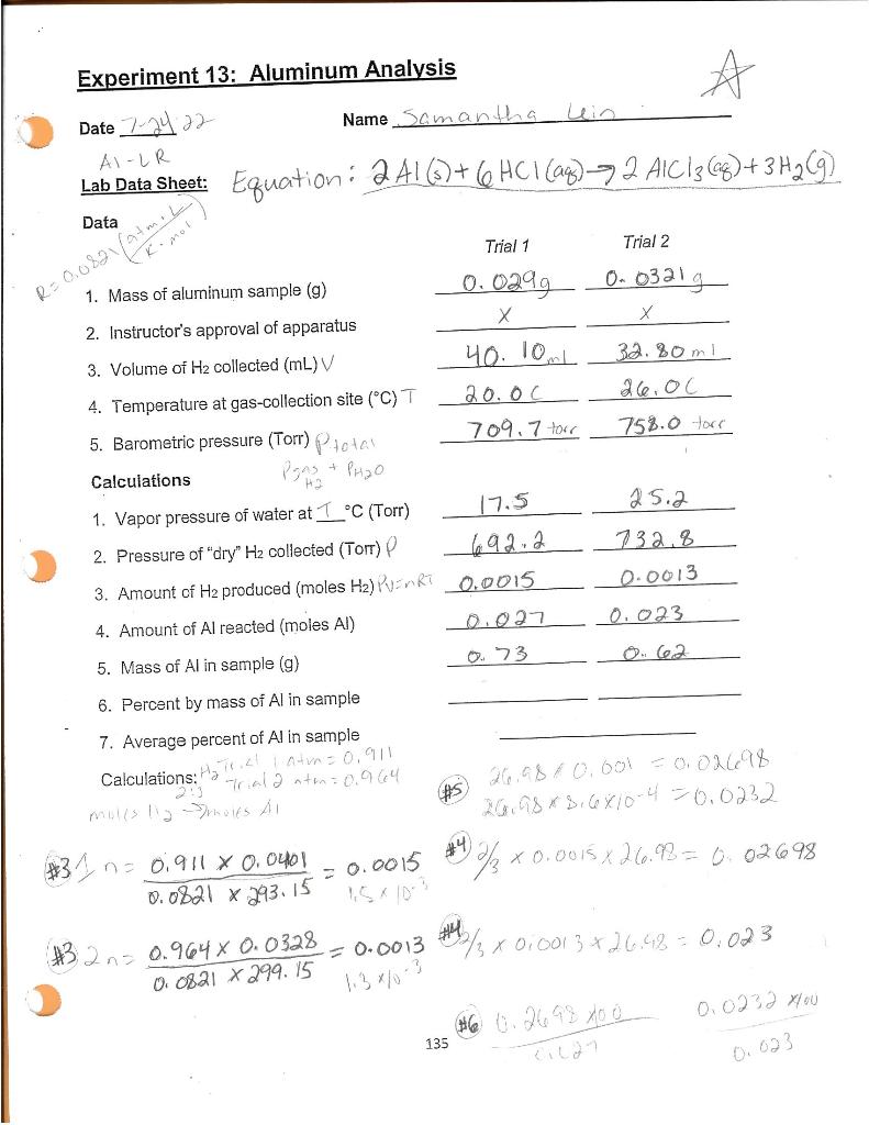 Experiment 13 Aluminum Analysis Date 22 A1 Lr Lab Data Sheet Equation 2al S 6hci Aq 2 Aic 13 28 3h G D 1