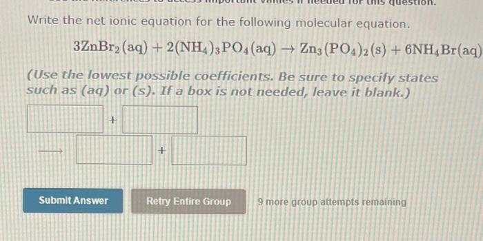 Write The Net Ionic Equation For The Following Molecular Equation Mg S Pb No3 2 Aq Mg No3 2 Aq Pb S Use Th 3