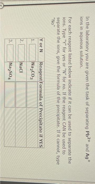 In The Laboratory You Are Given The Task Of Separating Ag And Fe2 Ions In Aqueous Solution For Each Reagent Listed Be 2