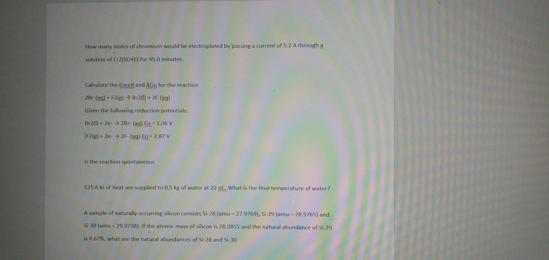How Many Moles Chromium Would Be Electroplated By Passing A Current Of 5 2 A Through A Solution Of Cr2 So4 3 For 45 0 Mi 1