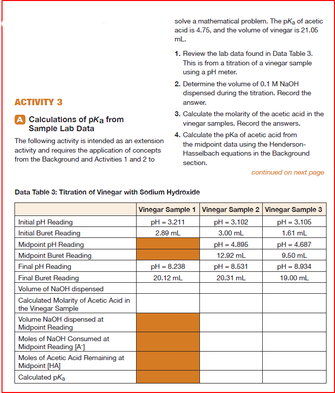 Activity 3 A Calculations Of Pka From Sample Lab Data The Following Activity Is Intended As An Extension Activity And Re 1