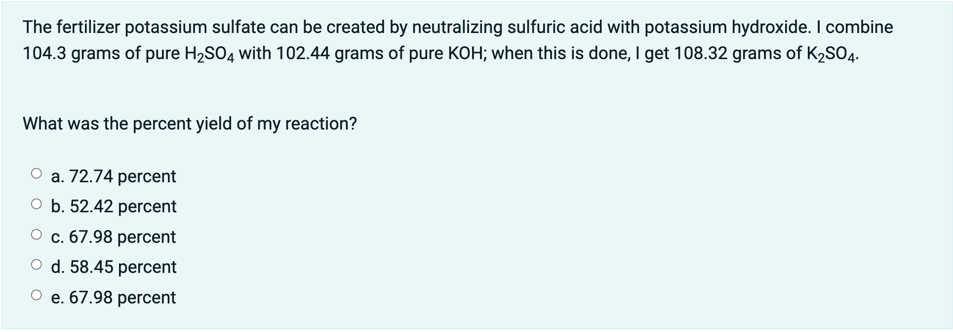 The Fertilizer Potassium Sulfate Can Be Created By Neutralizing Sulfuric Acid With Potassium Hydroxide I Combine 104 3 1