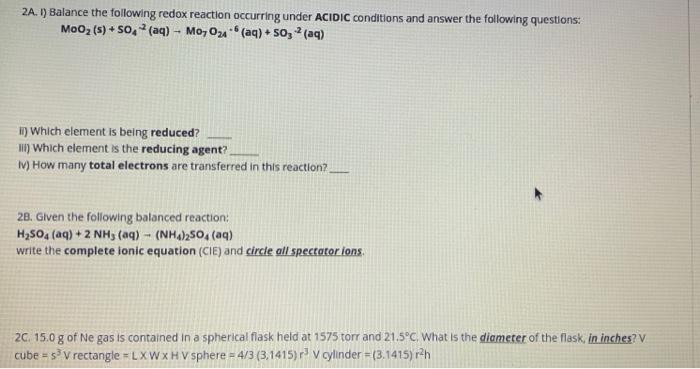 2a 1 Balance The Following Redox Reaction Occurring Under Acidic Conditions And Answer The Following Questions Moo 1