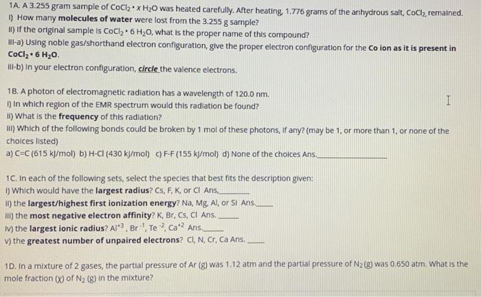 1a A 3 255 Gram Sample Of Cocl X H O Was Heated Carefully After Heating 1 776 Grams Of The Anhydrous Salt Cocl Re 1