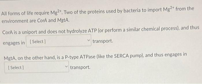 All Forms Of Life Require Mg2 Two Of The Proteins Used By Bacteria To Import Mg2 From The Environment Are Cora And Mg 1