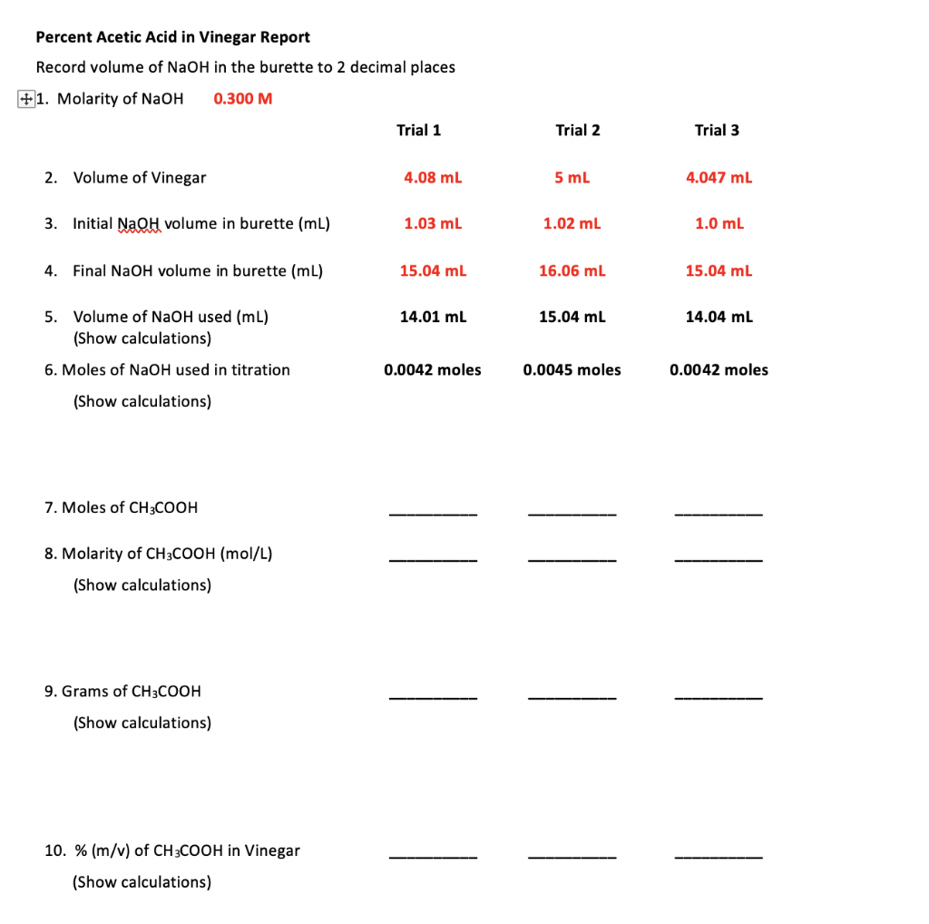 Percent Acetic Acid In Vinegar Report Record Volume Of Naoh In The Burette To 2 Decimal Places 1 Molarity Of Naoh 0 30 1