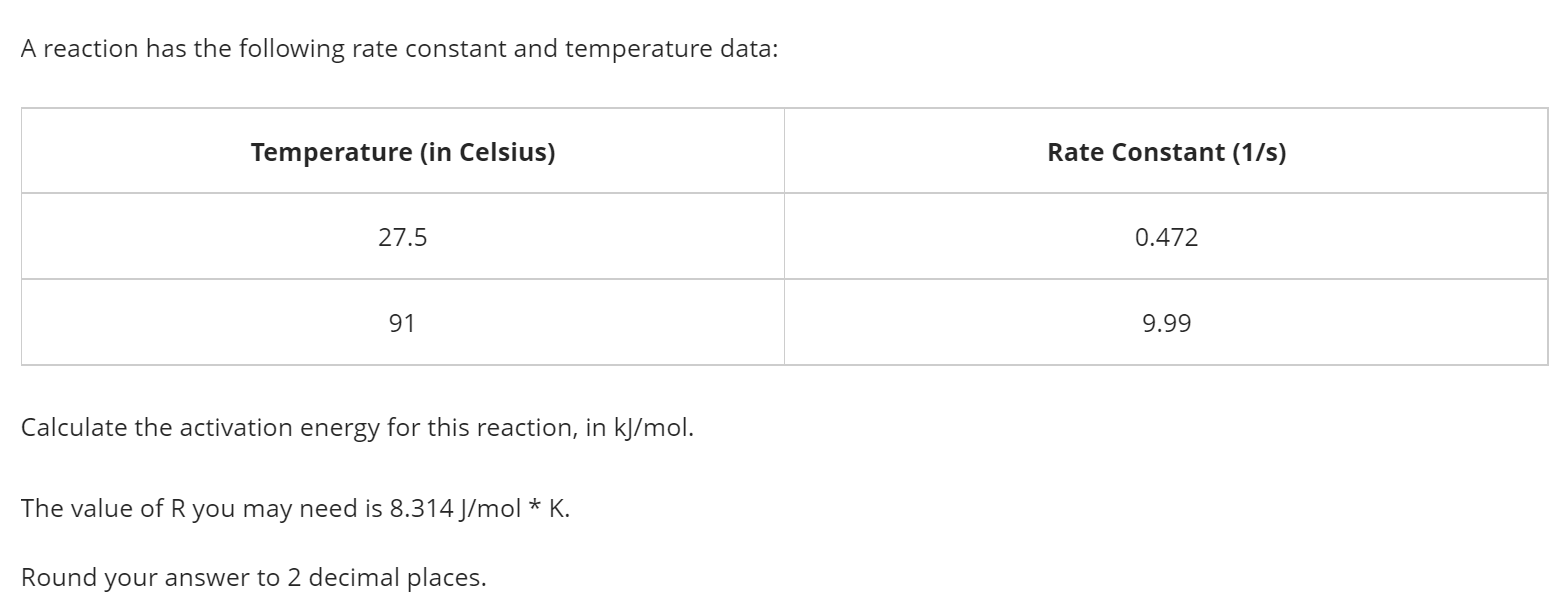 A Reaction Has The Following Rate Constant And Temperature Data Temperature In Celsius 27 5 91 Calculate The Activati 1