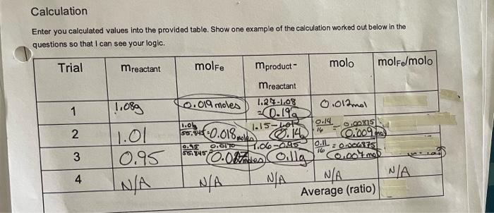 Calculation Enter You Calculated Values Into The Provided Table Show One Example Of The Calculation Worked Out Below In 1