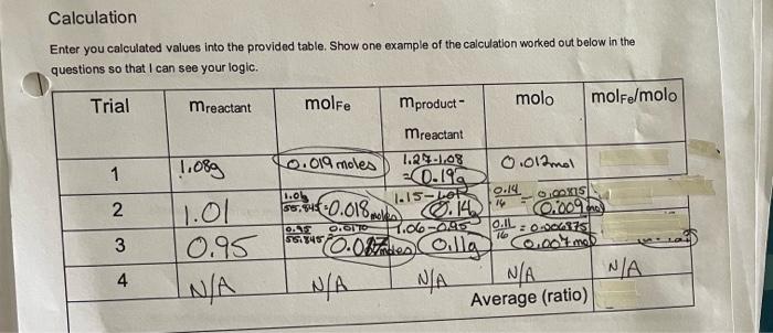 Calculation Enter You Calculated Values Into The Provided Table Show One Example Of The Calculation Worked Out Below In 1