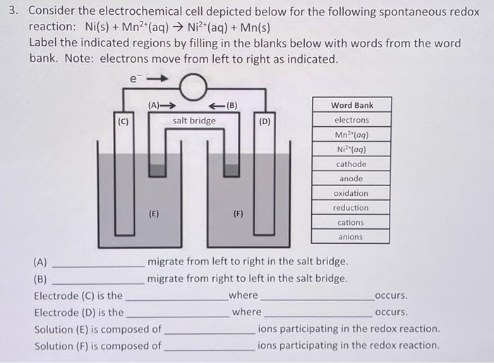 3 Consider The Electrochemical Cell Depicted Below For The Following Spontaneous Redox Reaction Ni S Mn Aq Ni 1