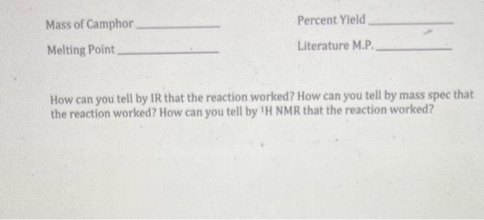 Mass Of Camphor Melting Point Percent Yield Literature M P How Can You Tell By Ir That The Reaction Worked How Can 1
