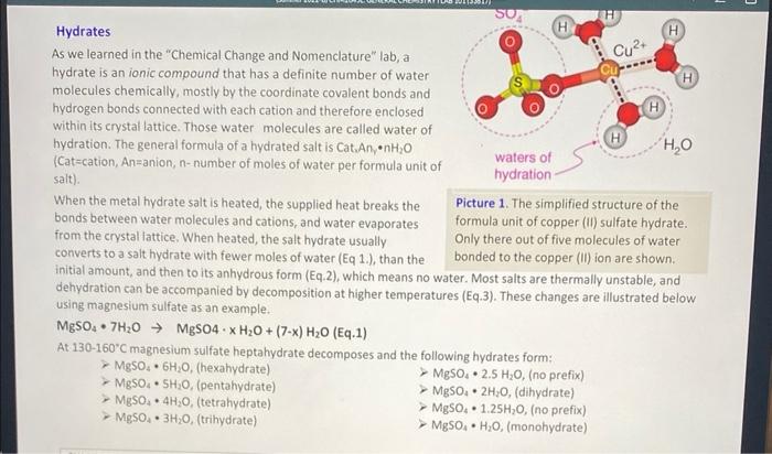 1 52 53 64 65 66 67 Pre Lab Assignment Table 1 Percent Water In The Hydrates Formula 1 Mgso4 7h20 2 Mgso4 5h20 3 Mgso4 2