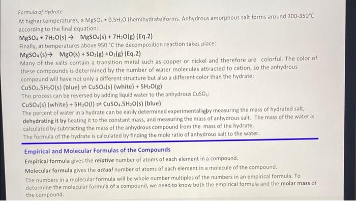 1 52 53 64 65 66 67 Pre Lab Assignment Table 1 Percent Water In The Hydrates Formula 1 Mgso4 7h20 2 Mgso4 5h20 3 Mgso4 3