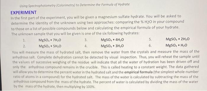 1 52 53 64 65 66 67 Pre Lab Assignment Table 1 Percent Water In The Hydrates Formula 1 Mgso4 7h20 2 Mgso4 5h20 3 Mgso4 4
