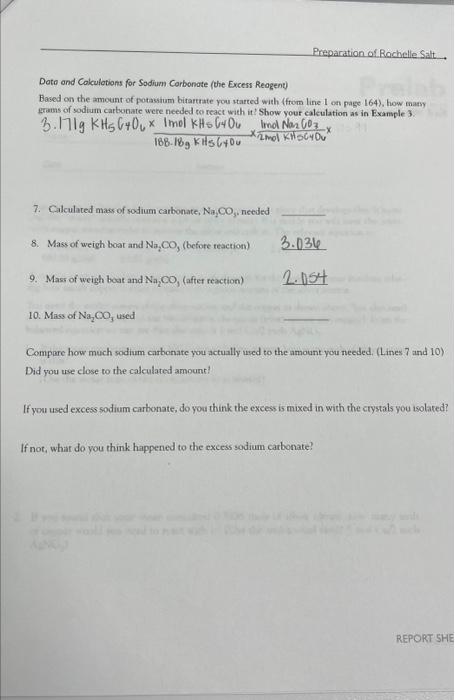 Data And Calculations For Sodium Carbonate The Excess Reagent Based On The Amount Of Potassium Bitartrate You Started 1