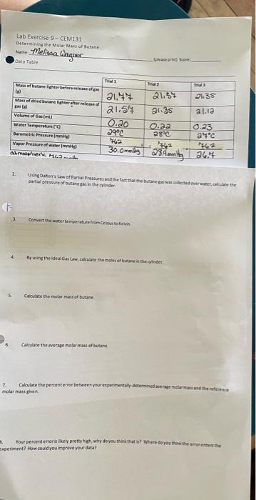 Lab Exercise 9 Cem131 Determining The Molar Mass Of Butane Name Melissa Wagner Data Table Mass Of Butane Lighter Before 1