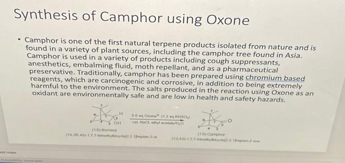 Synthesis Of Camphor Using Oxone Camphor Is One Of The First Natural Terpene Products Isolated From Nature And Is Found 1