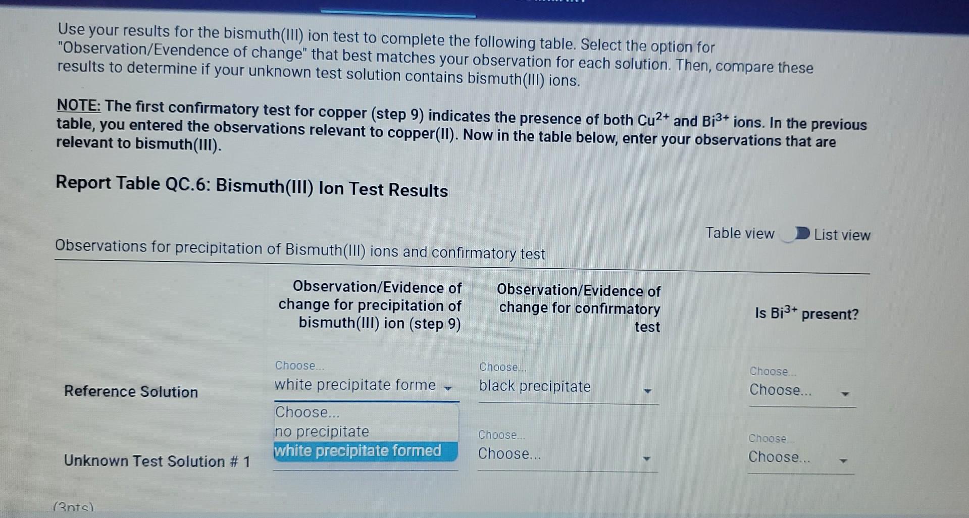 10pts Test For Bismuth Iii Lon From The Procedure 11 Prepare The Sodium Stannite Solution Prepare A Fresh Na Sn Oh 6