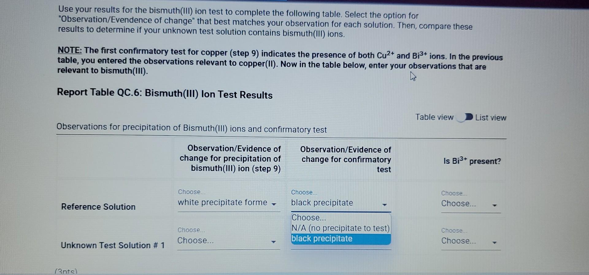 10pts Test For Bismuth Iii Lon From The Procedure 11 Prepare The Sodium Stannite Solution Prepare A Fresh Na Sn Oh 7