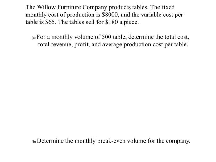 The Willow Furniture Company Products Tables The Fixed Monthly Cost Of Production Is 8000 And The Variable Cost Per T 1